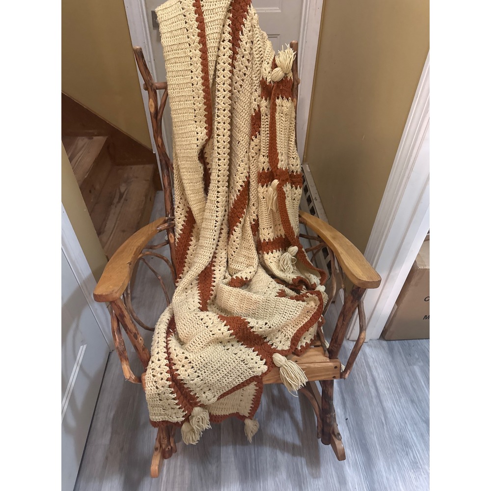 Vintage Handmade Crochet Afghan Blanket Striped Cream Rust Orange Boho Tassels